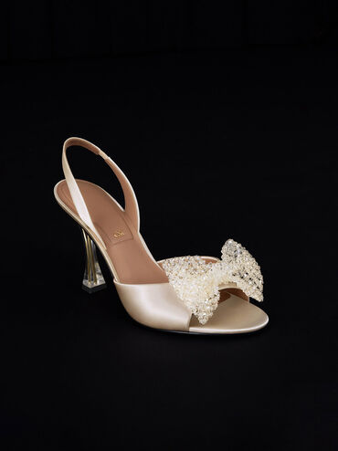 Beaded Bow Slingback Pumps, Champagne, hi-res