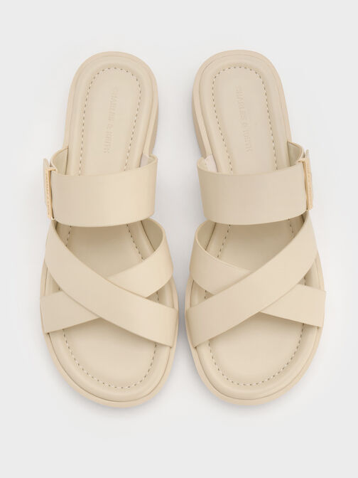 صنادل سلايد بأحزمة متقاطعة ولمسة معدنية, أبيض طباشيري, hi-res