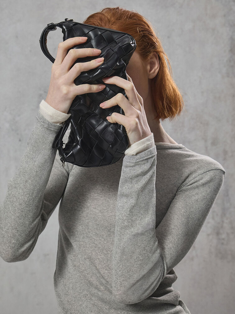 Ivette Woven Shoulder Bag, Noir, hi-res