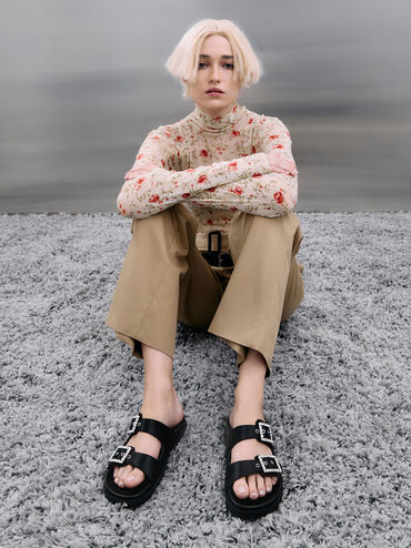 Gem-Buckle Double-Strap Sandals, Black Textured, hi-res