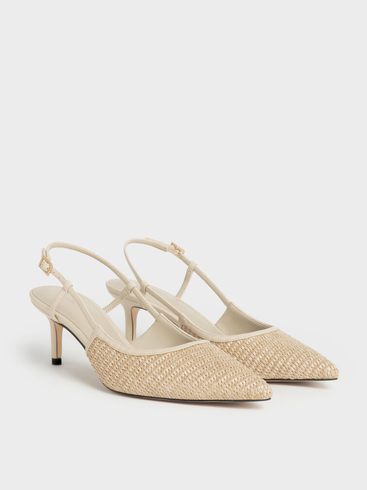 Raffia Pointed-Toe Slingback Pumps, Taupe, hi-res