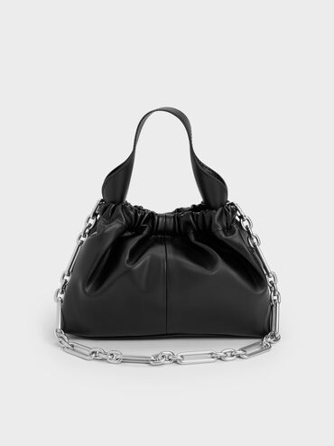 Ally Ruched Chain-Handle Bag, Noir, hi-res