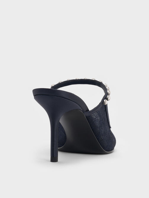 حذاء بكعب مرتفع مفتوح من الخلف (مولز) من الدانتيل والساتان  مطعم بالكريستال, أزرق داكن, hi-res