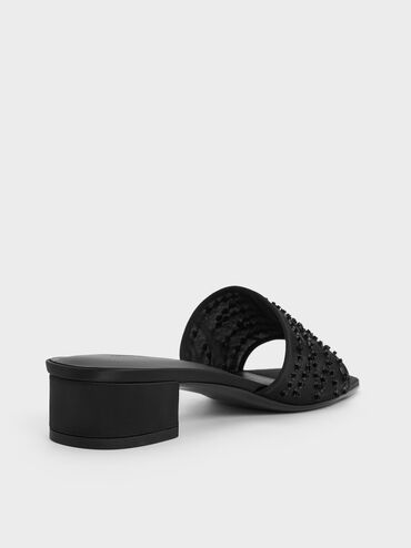 Mesh Sequinned Block-Heel Mules, Black Textured, hi-res