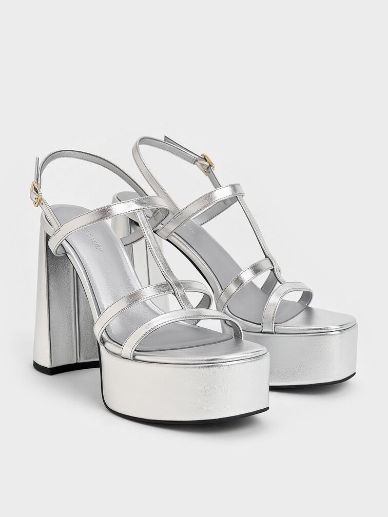 Metallic T-Bar Strappy Platform Sandals, Silver, hi-res