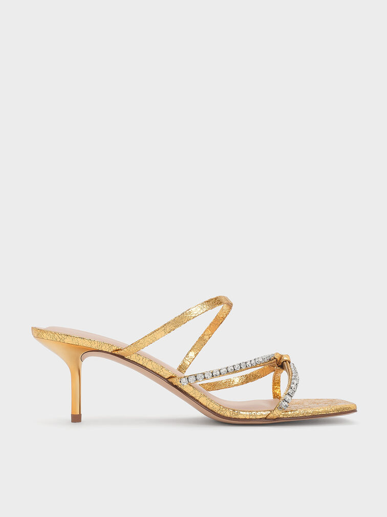Textured Gem-Embellished Strappy Heeled Sandals, Gold, hi-res