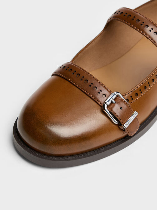 Double-Strap Brogue Mary Janes, Tan, hi-res