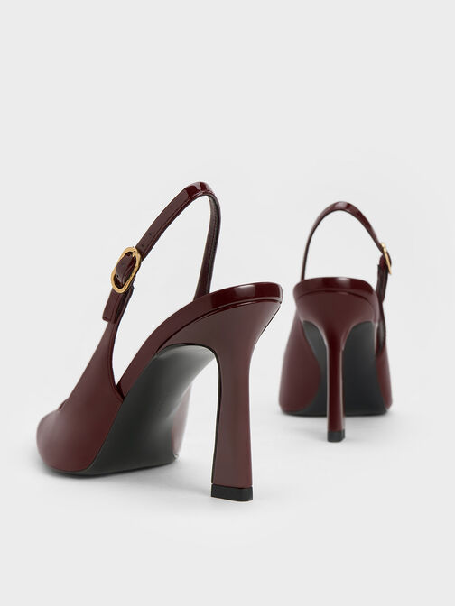 حذاء من الجلد اللامع بكعب ستيليتو شبه منحرف مفتوح من الخلف بحزام حول الكاحل, برغندي, hi-res