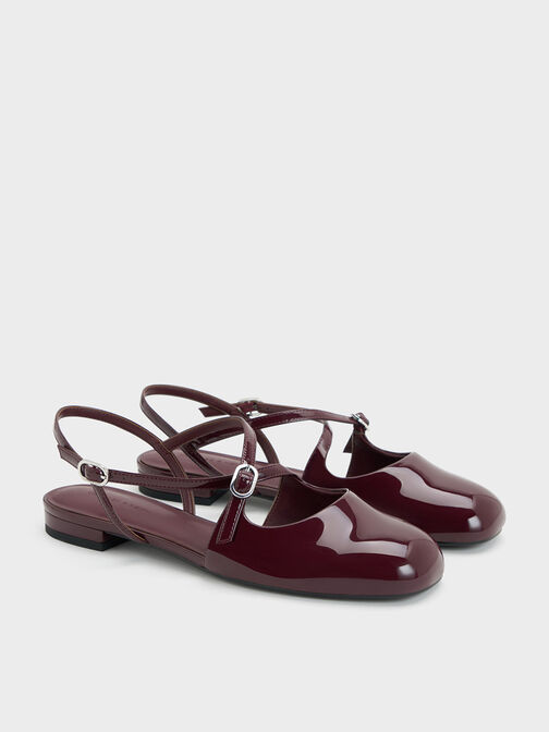 Patent Crossover Buckled Slingback Flats, Burgundy, hi-res