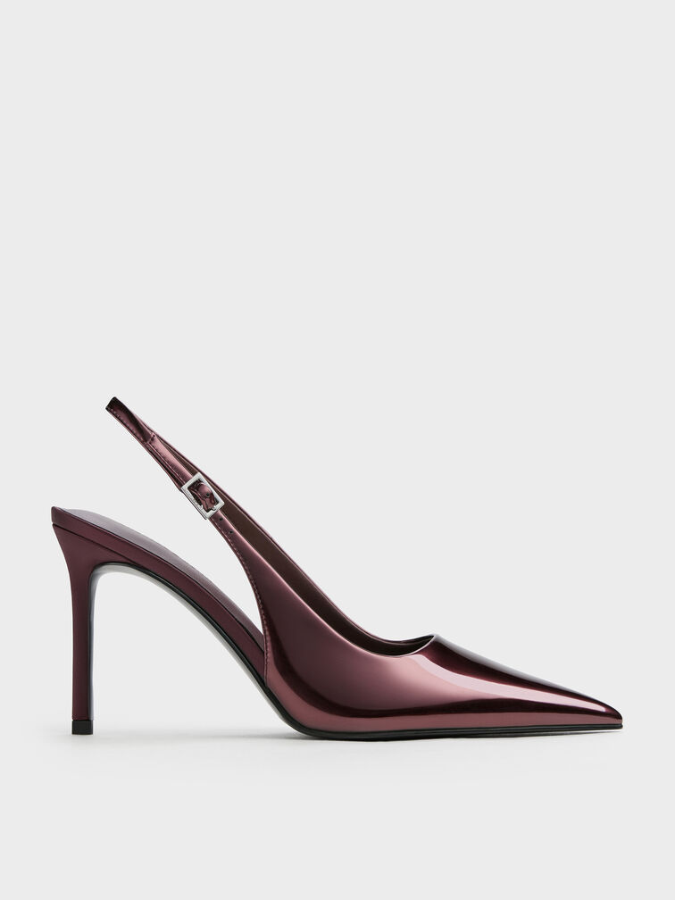 Metallic Pointed Slingback Pumps, Burgundy, hi-res