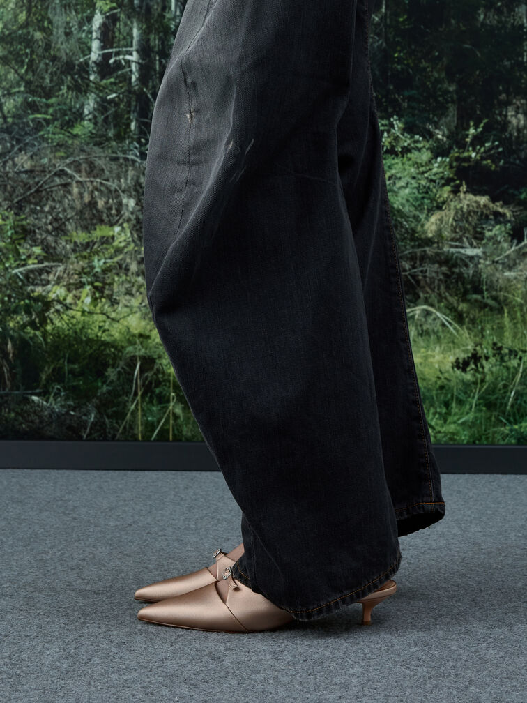 Crystal-Buckle Pointed-Toe Kitten-Heel Mules, Nude, hi-res