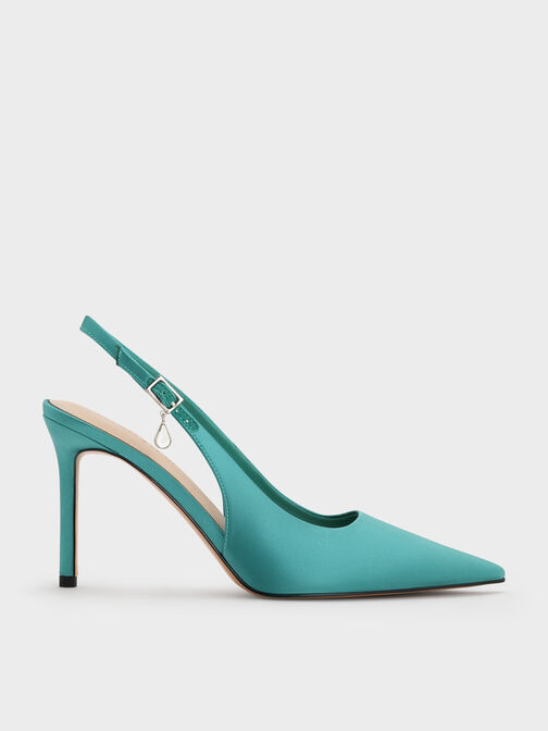 Teardrop-Crystal Pointed Slingback Pumps, Teal, hi-res