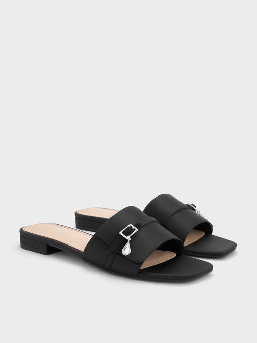 Teardrop-Crystal Buckled Slide Sandals, Black Textured, hi-res