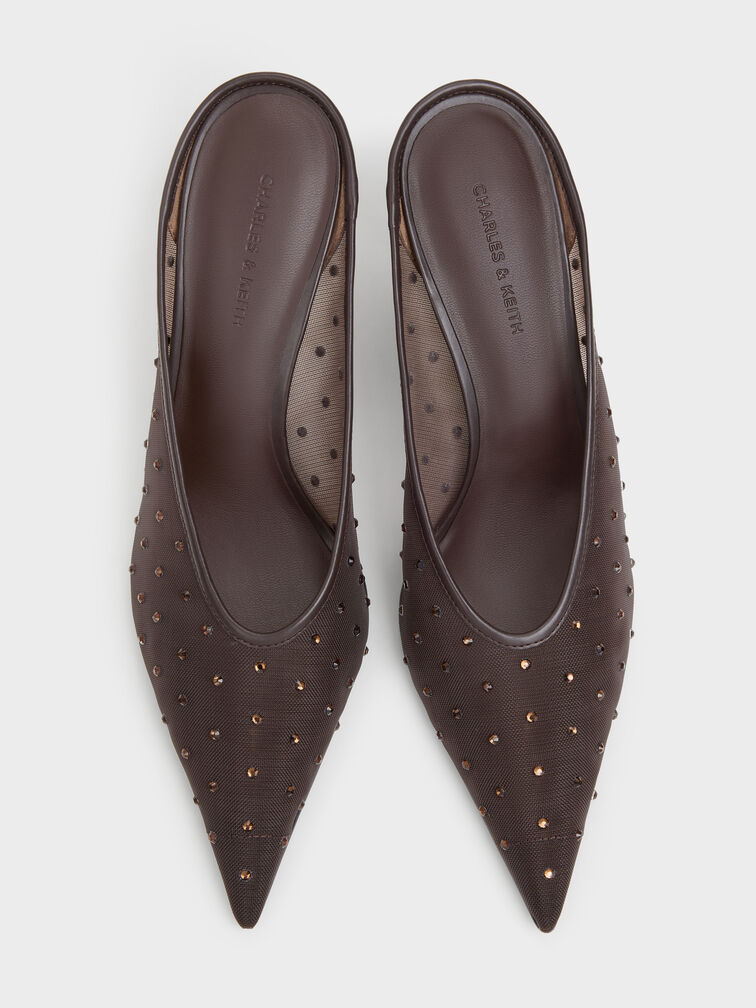 Mesh Crystal Pointed Heeled Mules, Dark Brown Textured, hi-res