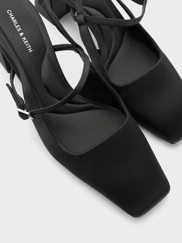 حذاء ماري جين بكعب عريض ومقدمة مربعة وخامة بوليستر معاد تدويرها, أسود خشن, hi-res