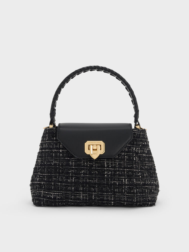 Arwen Tweed Quilted Top Handle Bag, Black Tweed, hi-res