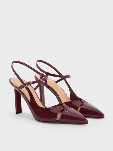 Patent Leather Cut-Out Pointed-Toe Blade-Heel Pumps, Burgundy, hi-res