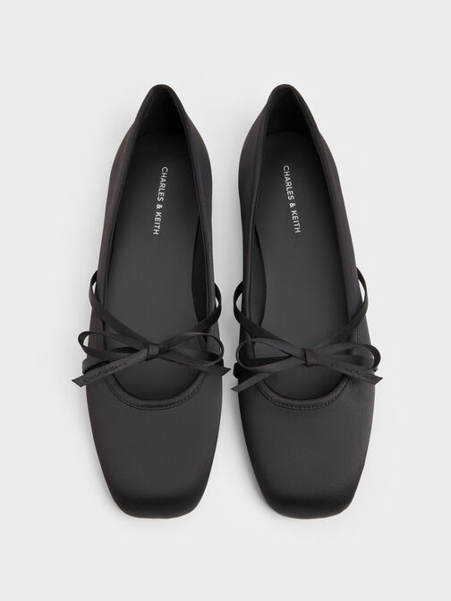 Satin Bow Ballet Flats, Black Textured, hi-res