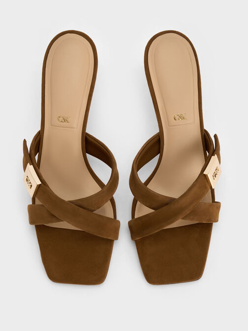 Cody Suede Crossover Heeled Mules, Brown, hi-res