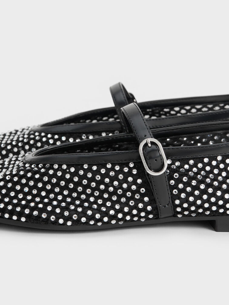 Maggie Mesh Crystal Mary Janes, Black, hi-res