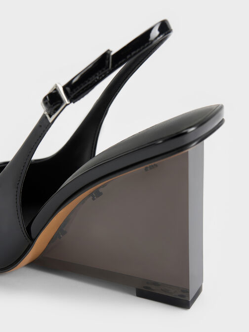 Patent Translucent-Heel Slingback Wedges, Black Patent, hi-res