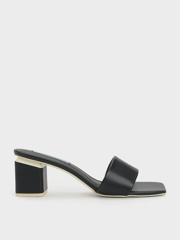 Square Block Heel Mules, Black, hi-res