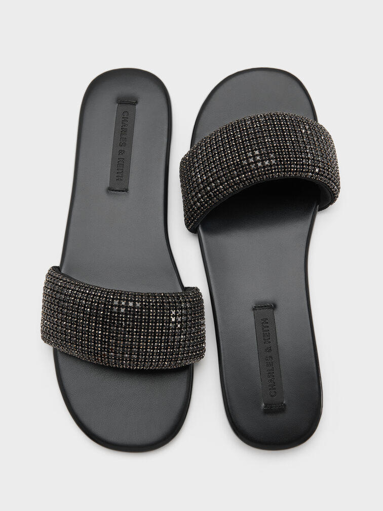 Faux Suede Crystal Slide Sandals, Black Textured, hi-res