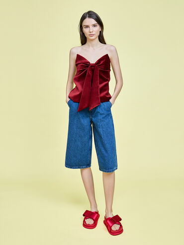 Satin Bow Flatform Sandals, Red, hi-res