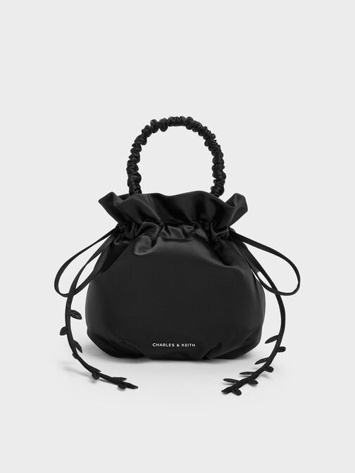 Mabel Satin Floral-Vine Bucket Bag, Noir, hi-res
