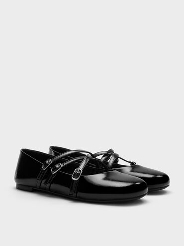 Patent Triple-Strap Crossover Mary Jane Flats, Black Patent, hi-res