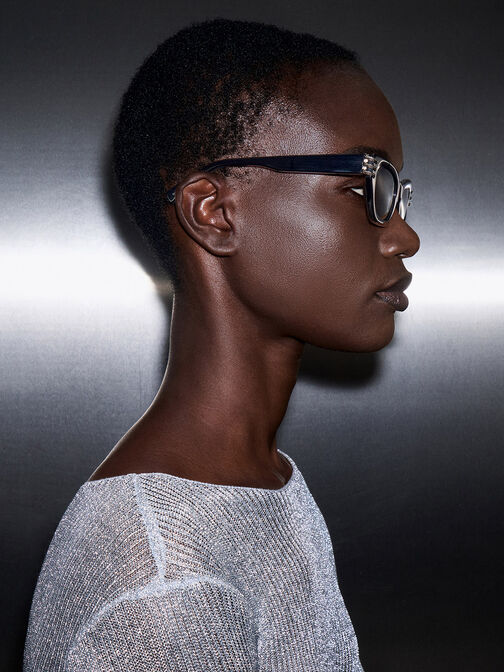 Metallic-Accent Angular Cat-Eye Sunglasses, Noir, hi-res