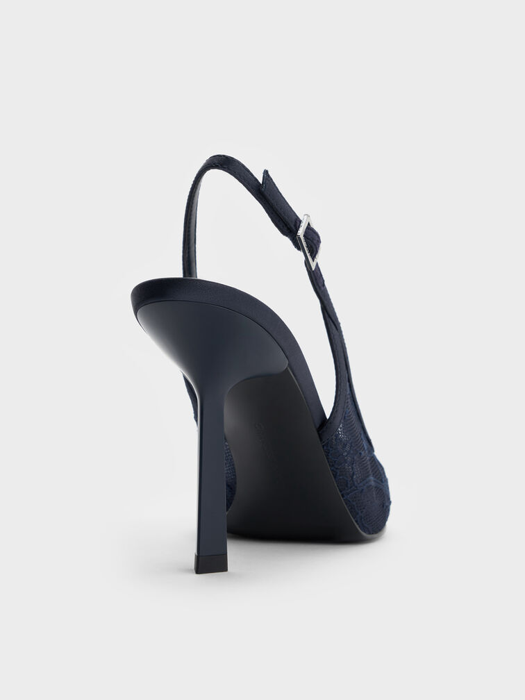 Lace & Satin Slingback Pumps, Dark Blue, hi-res