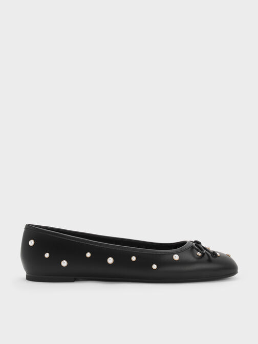 Barbara Bow Pearl-Studded Ballet Flats, Black, hi-res