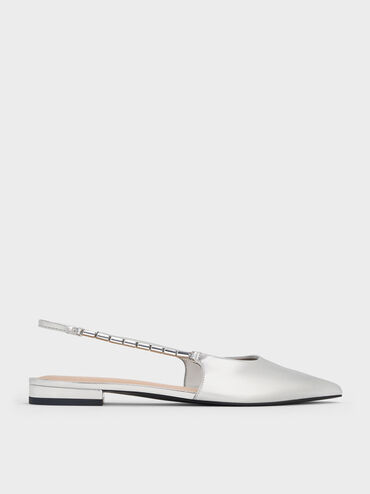 Metallic Crystal-Embellished Strap Slingback Flats, Silver, hi-res