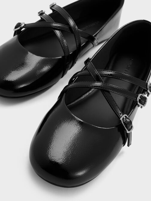 Patent Triple-Strap Crossover Mary Jane Flats, Black Patent, hi-res