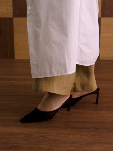 Mesh Sequinned Heeled Mules, Black Textured, hi-res