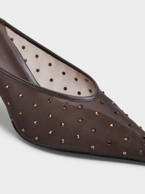Mesh Crystal Pointed Heeled Mules, Dark Brown Textured, hi-res