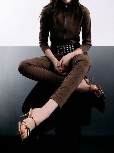 Textured Gem-Embellished Strappy Heeled Sandals, Gold, hi-res