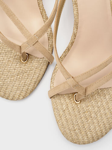 Faux Suede Crossover Toe-Ring Strappy Heels, Sand, hi-res