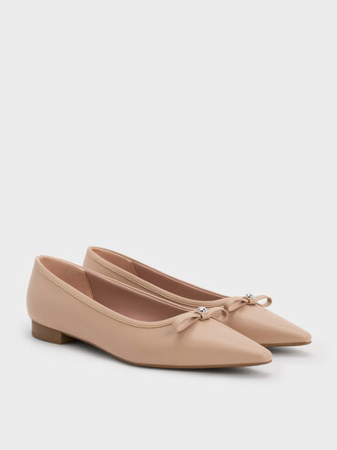 Bow Pointed Ballet Flats, Nude, hi-res