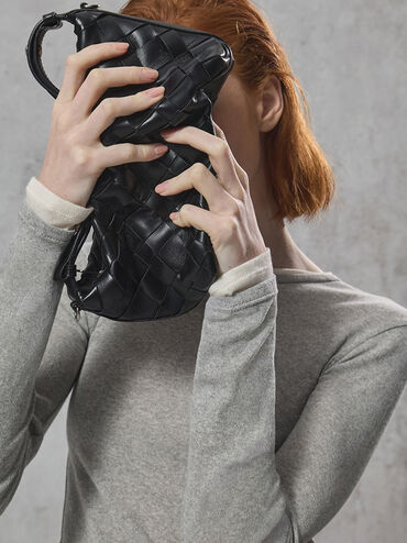 Ivette Woven Shoulder Bag, Noir, hi-res