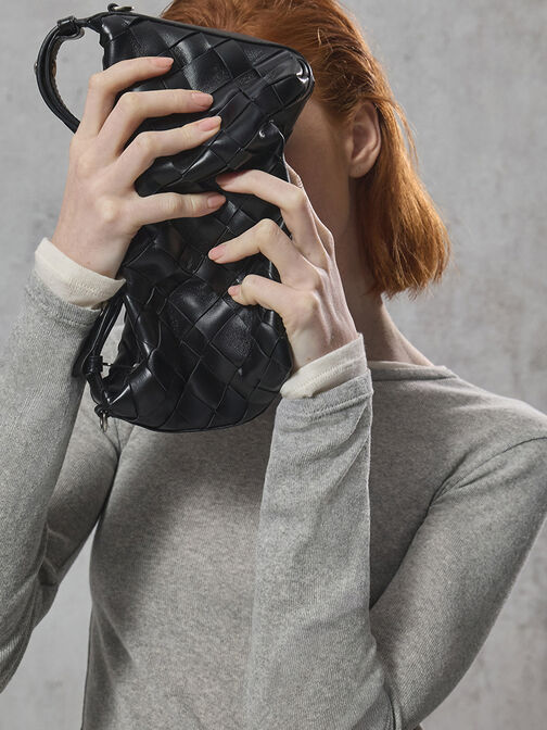 حقيبة كتف إيفيت بتصميم منسوج, أسود كلاسيكي, hi-res