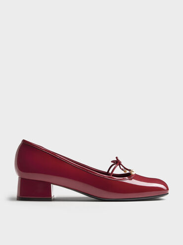 Barbara Patent Pearl-Bow Ballet Pumps, Red, hi-res