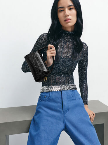 Kaila Croc-Effect Top Handle Bag, Black Croco, hi-res