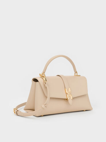 شنطة يد أدالين بمشبك معدني وحزام سلسلة, بيج مخملي, hi-res