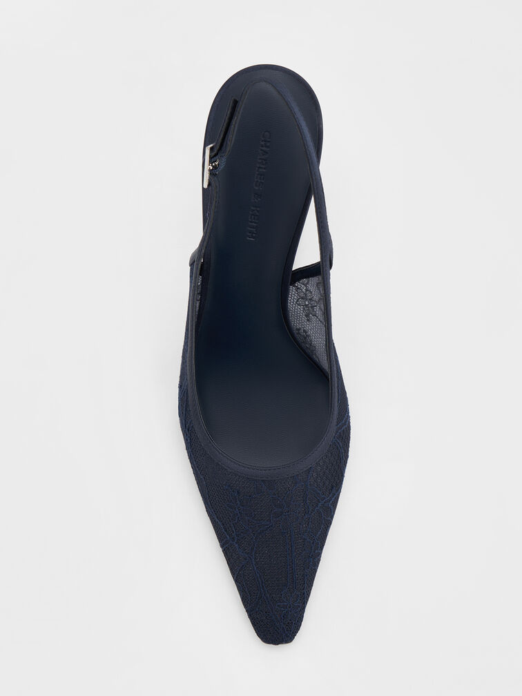 Lace & Satin Slingback Pumps, Dark Blue, hi-res