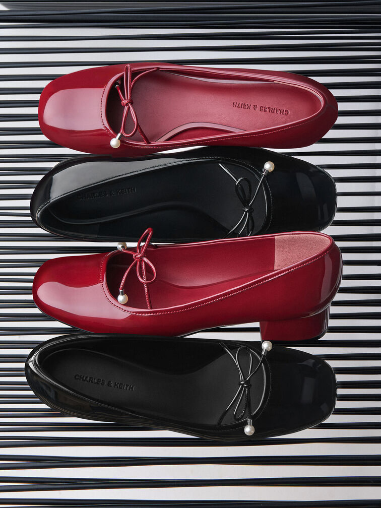 Barbara Patent Pearl-Bow Ballet Pumps, Red, hi-res