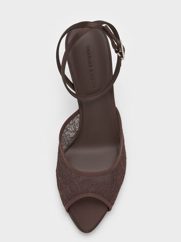 حذاء بكعب عالٍ من الدانتيل والساتان بمقدمة مفتوحة, بني محبّب غامق, hi-res