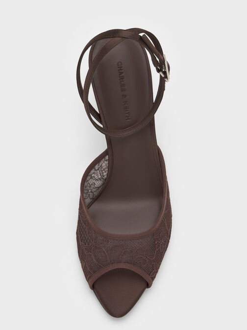حذاء بكعب عالٍ من الدانتيل والساتان بمقدمة مفتوحة, بني محبّب غامق, hi-res
