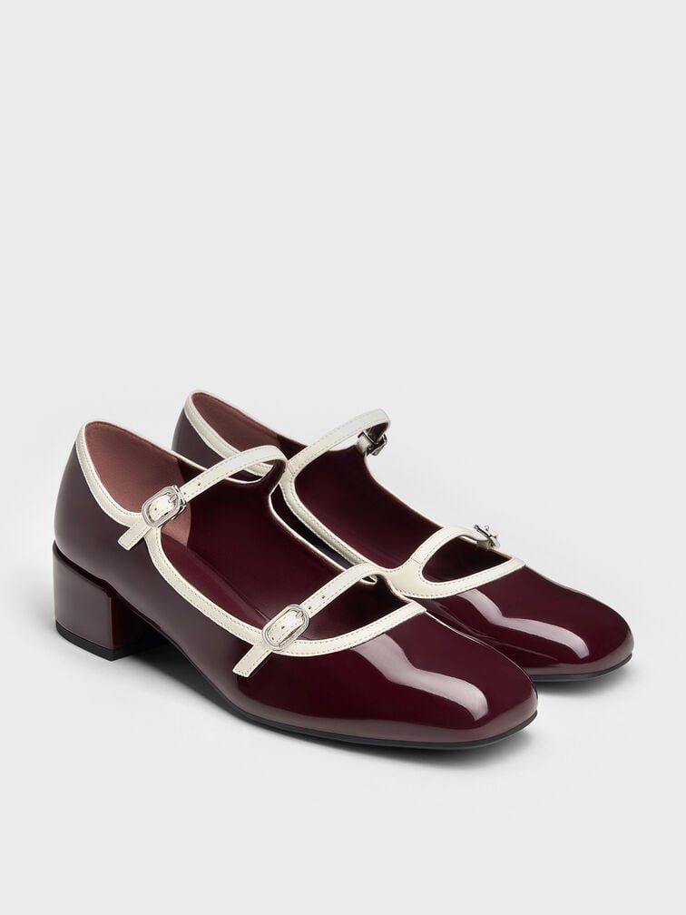 Patent Contrast-Trim Double-Strap Mary Jane Pumps, Burgundy, hi-res